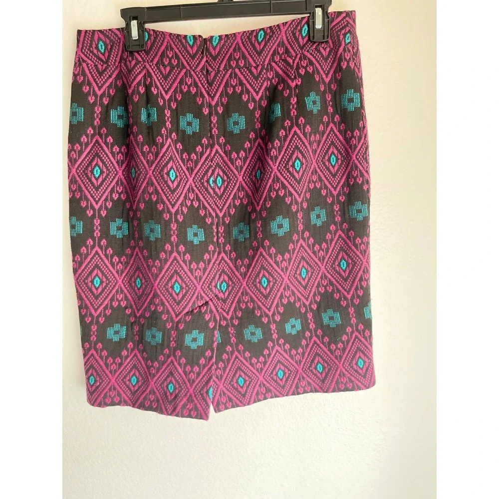Ann Taylor Geometric Ikat Jacquard Pencil‎ Skirt Pink Teal Black Size 10